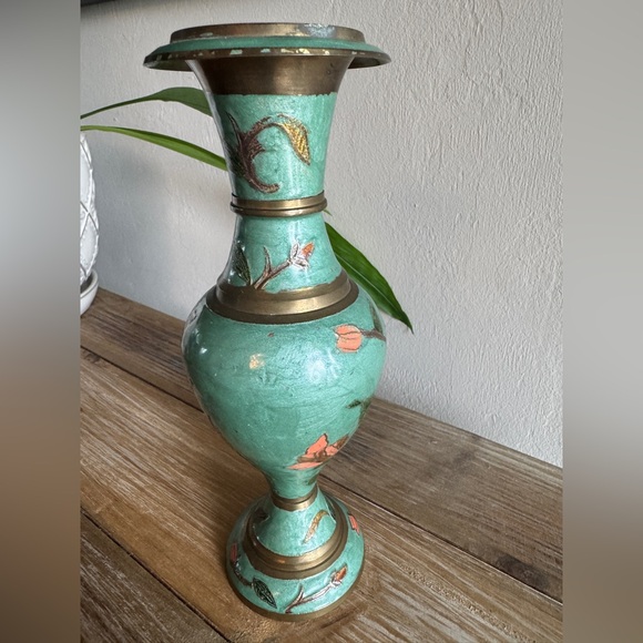 Vintage Solid Brass Cloisonne Floral Vase - Approximately 9 3/4" Tall - Picture 3 of 5